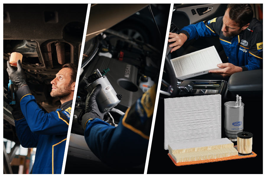 En Magneti Marelli Checkstar-mekaniker anvender bilfiltre: motorolie, dieselfilter og kabinefilter. Fremhæver det fulde sortiment af Magneti Marelli Parts & Services-filtre.